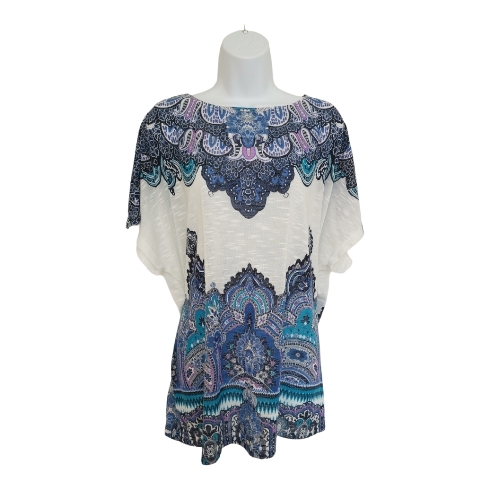 CACHE kimono top dolman sleeves blue Paisley on white size 2X